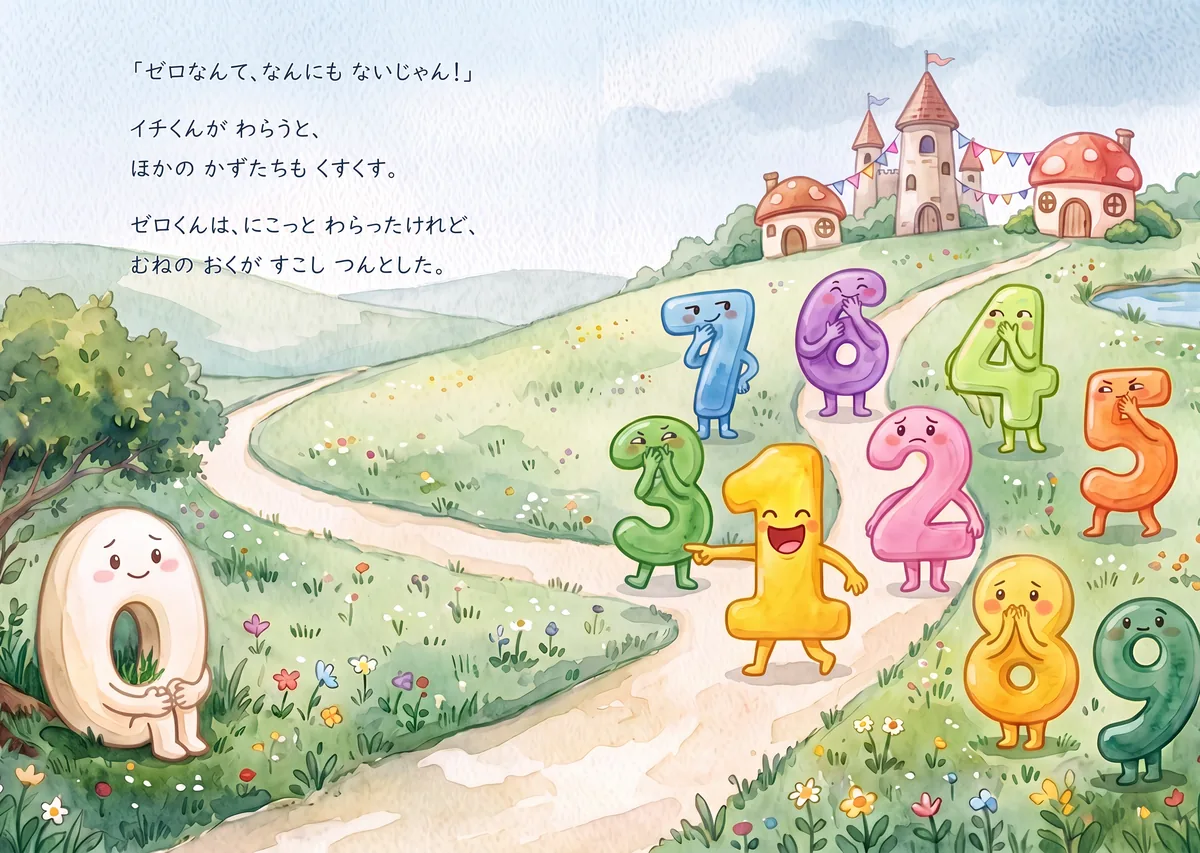 絵本の見開きページ。数字たちの世界で笑われるゼロくん