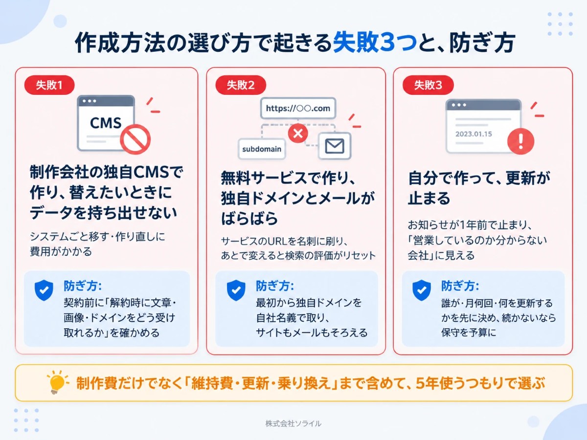 作成方法の選び方で起きる失敗3つと防ぎ方。独自CMSでデータを持ち出せない→契約前に引き渡しを確認、無料サービスでドメインとメールがばらばら→最初から独自ドメインを自社名義で、自分で作って更新が止まる→誰が何回更新するかを先に決め保守を予算に