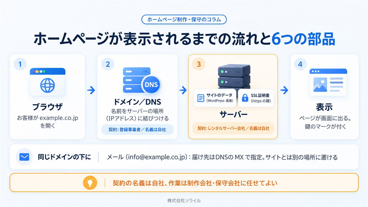 ホームページが表示されるまでの流れと6つの部品。ブラウザ(お客様がexample.co.jpを開く)→ドメイン/DNS(名前をサーバーの場所に結びつける。契約は登録事業者、名義は自社)→サーバー(サイトのデータとSSL証明書。契約はレンタルサーバー会社、名義は自社)→表示。同じドメインの下にメール(届け先はDNSのMXで指定)。契約の名義は自社、作業は制作会社・保守会社に任せてよい