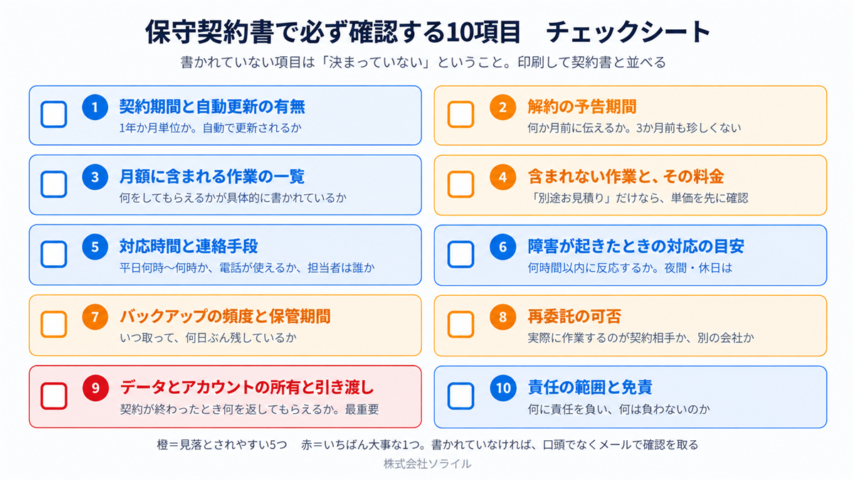 保守契約書で必ず確認する10項目のチェックシート　見落とされやすい5つと最重要の1つを色分け