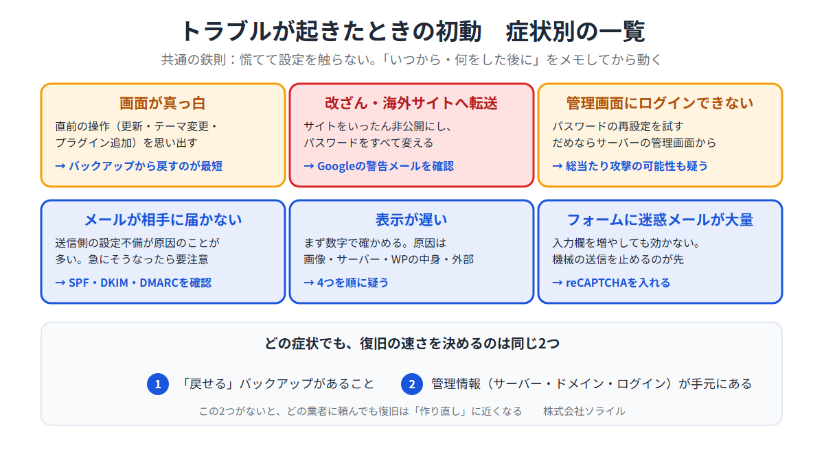 トラブルが起きたときの初動 症状別の一覧(真っ白・改ざん・ログイン不能・メール不達・表示が遅い・迷惑メール)