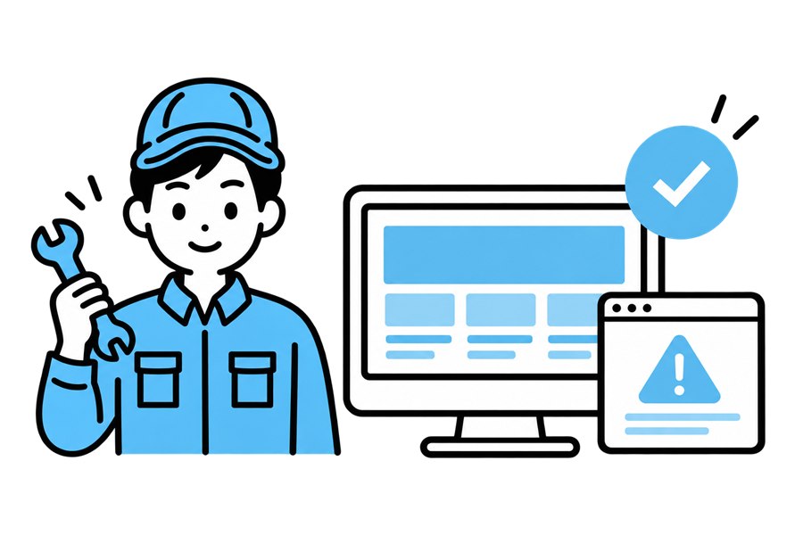 作業着の担当者と、警告が出たサイトを直したパソコン画面のイラスト