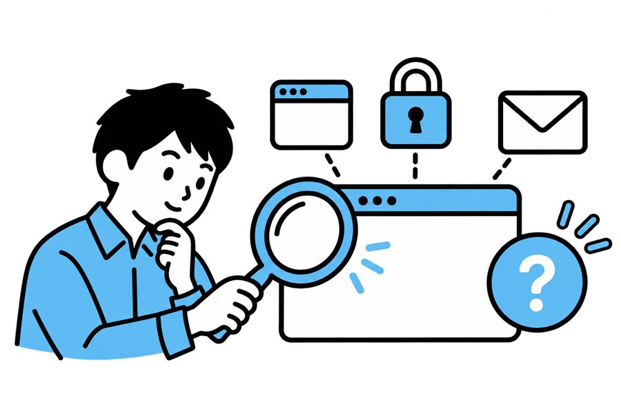 虫眼鏡でサイトの症状を調べる人のイラスト
