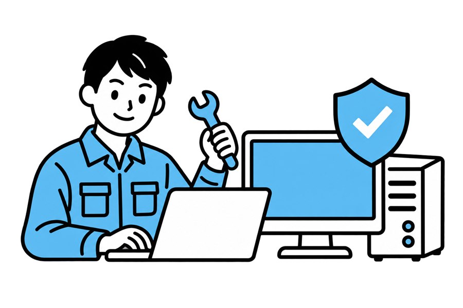 パソコンに向かってサイトのトラブルを直す担当者のイラスト