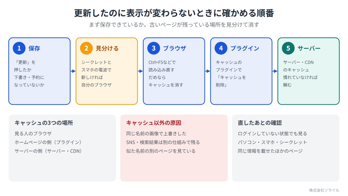 更新したのに表示が変わらないときに確かめる順番。1 保存(更新を押したか、下書き・予約になっていないか)。2 見分ける(シークレットとスマホの電波で新しければ自分のブラウザ)。3 ブラウザ(Ctrl+F5などで読み込み直し、だめならキャッシュを消す)。4 プラグイン(キャッシュのプラグインでキャッシュを削除)。5 サーバー(サーバー・CDNのキャッシュ、慣れていなければ頼む)。キャッシュの場所は、見る人のブラウザ、ホームページの側、サーバーの側の3つ