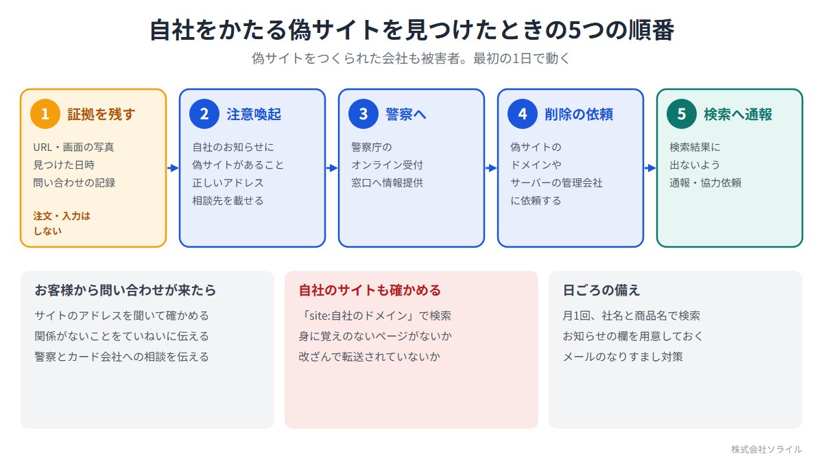 自社をかたる偽サイトを見つけたときの5つの順番。偽サイトをつくられた会社も被害者、最初の1日で動く。1 証拠を残す(URL・画面の写真・見つけた日時・問い合わせの記録。注文・入力はしない)。2 注意喚起(自社のお知らせに偽サイトがあること、正しいアドレス、相談先を載せる)。3 警察へ(警察庁のオンライン受付窓口へ情報提供)。4 削除の依頼(偽サイトのドメインやサーバーの管理会社に依頼)。5 検索へ通報(検索結果に出ないよう通報・協力依頼)。お客様から問い合わせが来たら関係がないことをていねいに伝え、警察とカード会社への相談を伝える。自社のサイトもsite:自社のドメインで確かめる