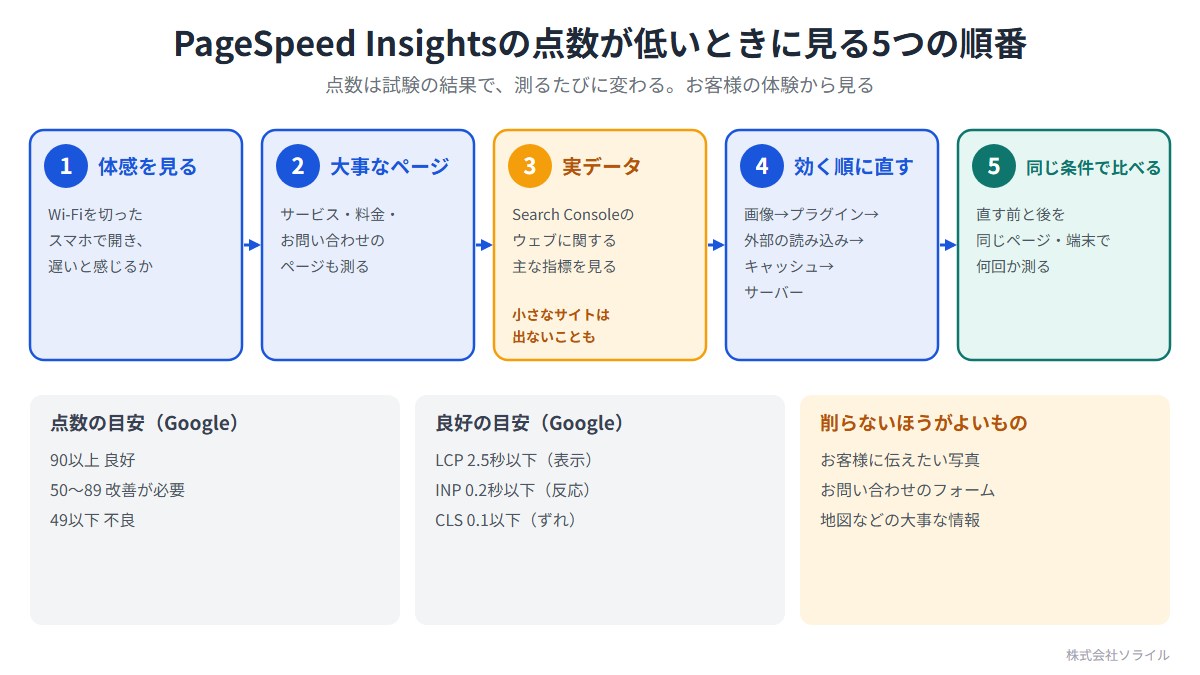 PageSpeed Insightsの点数が低いときに見る5つの順番。点数は試験の結果で、測るたびに変わる。お客様の体験から見る。1 体感を見る（Wi-Fiを切ったスマホで開き、遅いと感じるか）。2 大事なページ（サービス・料金・お問い合わせのページも測る）。3 実データ（Search Consoleのウェブに関する主な指標を見る。小さなサイトは出ないことも）。4 効く順に直す（画像→プラグイン→外部の読み込み→キャッシュ→サーバー）。5 同じ条件で比べる（直す前と後を同じページ・端末で何回か測る）。点数の目安は90以上良好、50〜89改善が必要、49以下不良。良好の目安はLCP2.5秒以下、INP0.2秒以下、CLS0.1以下。お客様に伝えたい写真やフォーム、地図は削らない