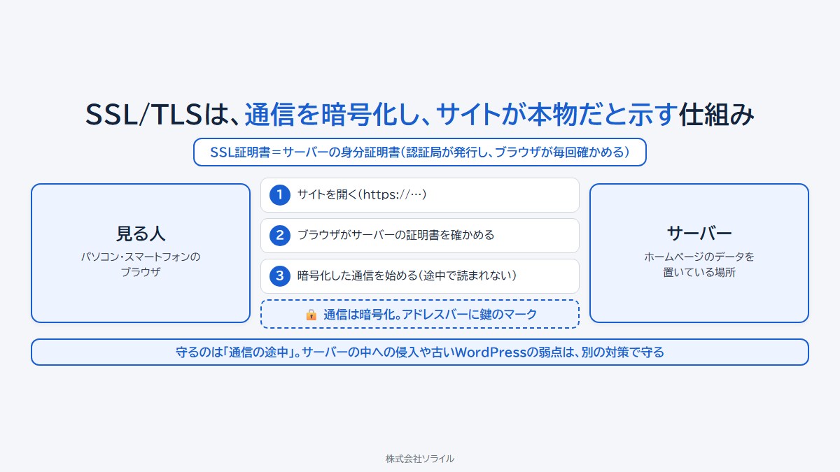 SSL/TLSは、通信を暗号化し、サイトが本物だと示す仕組み。SSL証明書はサーバーの身分証明書で、認証局が発行し、ブラウザが毎回確かめる。見る人(パソコン・スマートフォンのブラウザ)とサーバー(ホームページのデータを置いている場所)のあいだで、1 サイトを開く(https)、2 ブラウザがサーバーの証明書を確かめる、3 暗号化した通信を始める(途中で読まれない)。通信は暗号化され、アドレスバーに鍵のマークが出る。守るのは通信の途中で、サーバーの中への侵入や古いWordPressの弱点は別の対策で守る