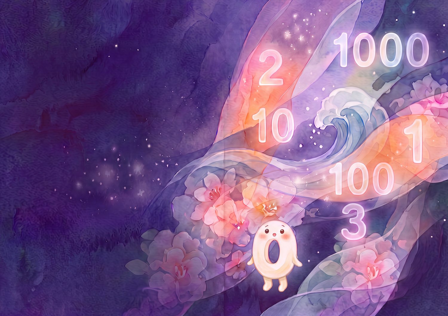 ゼロくんのなかの世界。うすい紫の光のなかに、1、2、3、10、100、1000という数がゆっくり漂っている