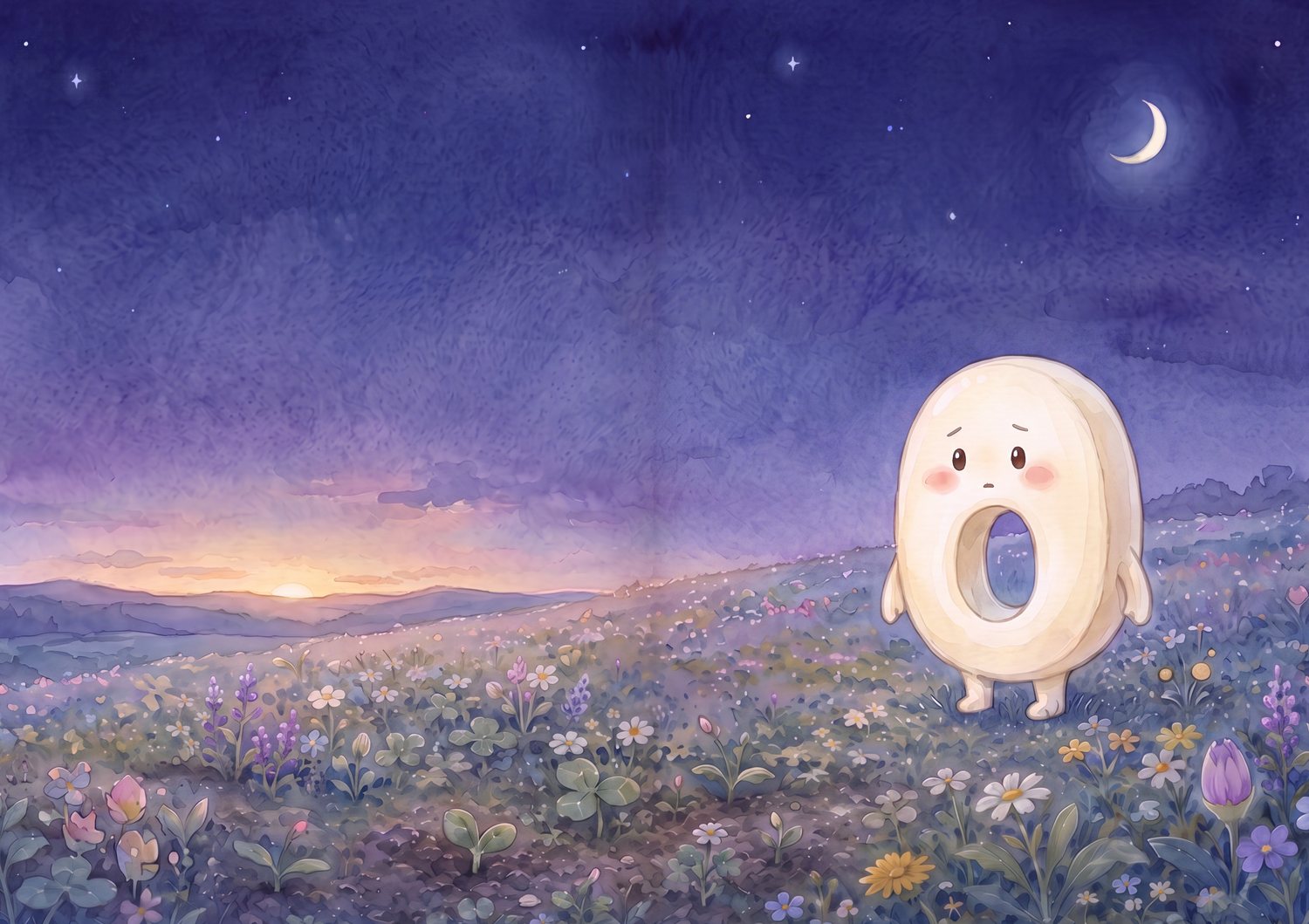 星の出はじめた夜の野原に、ゼロくんがひとりで立っている