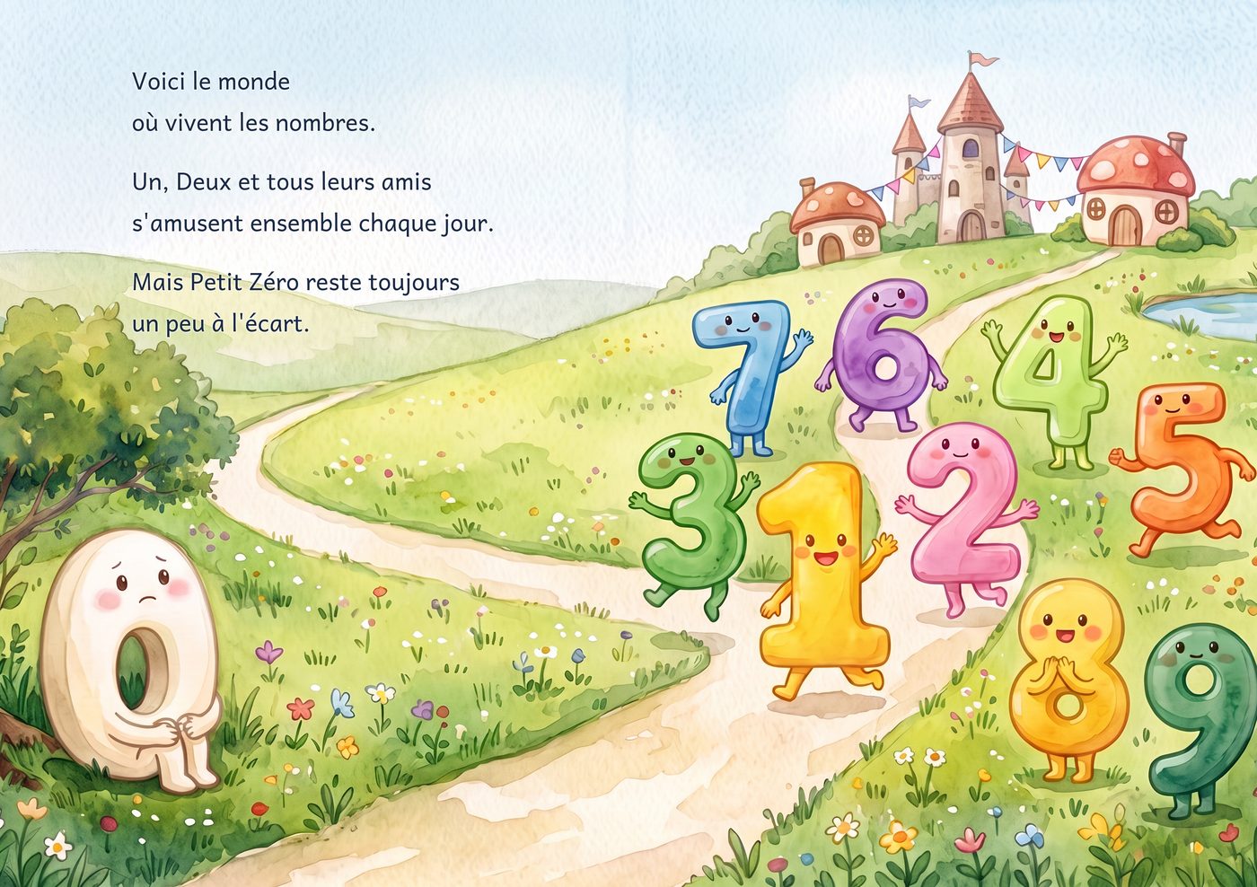 Double page 1. Une prairie avec un chemin vers le village. Les nombres jouent ensemble&nbsp;; seul Petit Zéro est assis à l’écart.