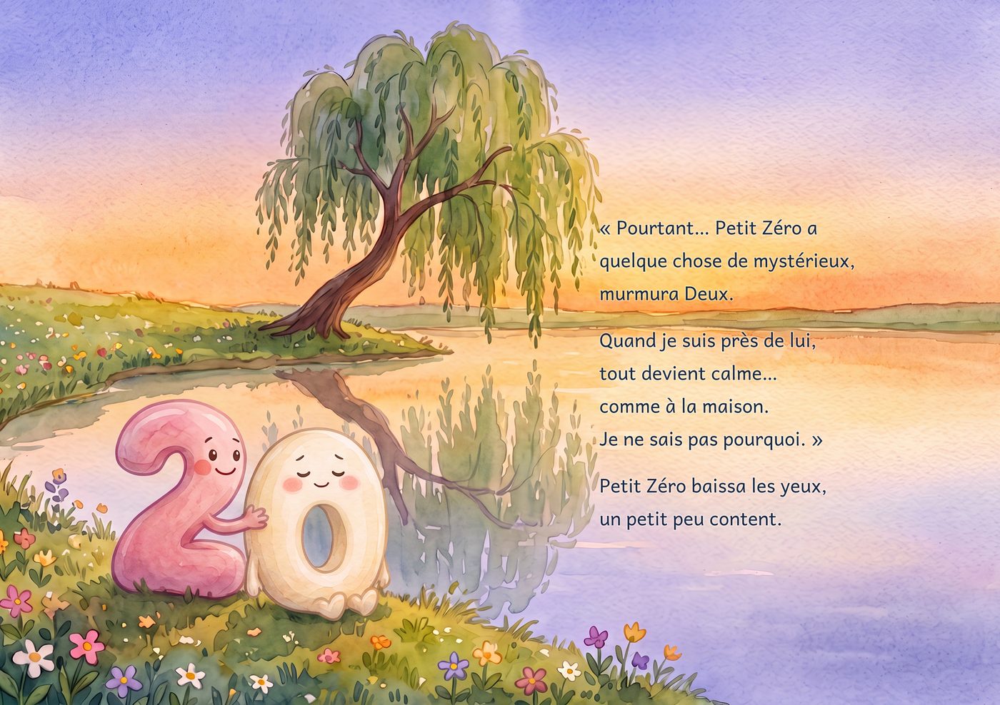 Double page 3. Lumière du soir au bord d’un étang, sous un saule. Deux pose doucement la main sur Petit Zéro.