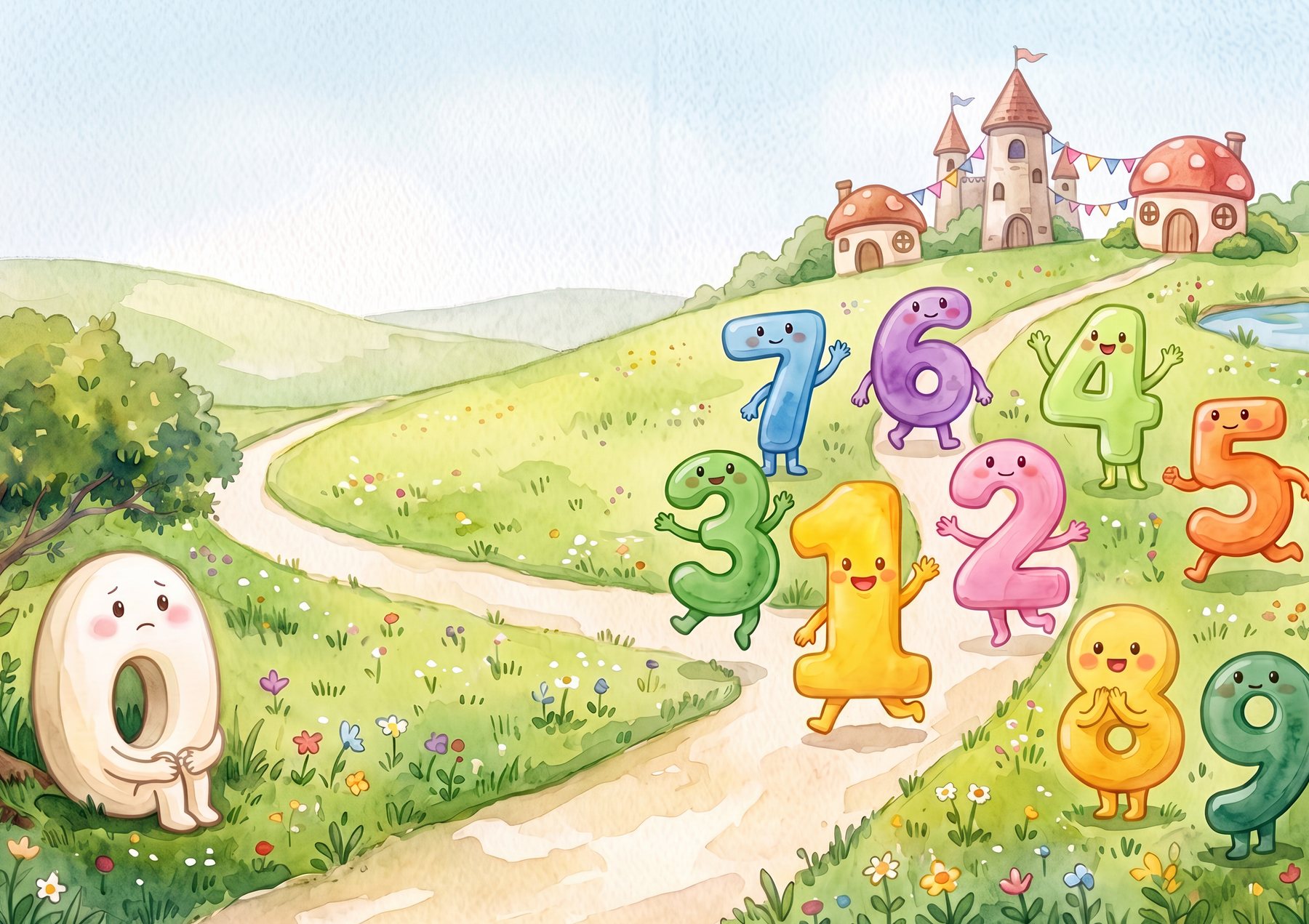 草原に数字たちが集まって遊んでいる。左のはしに、ゼロくんがひとりで座っている