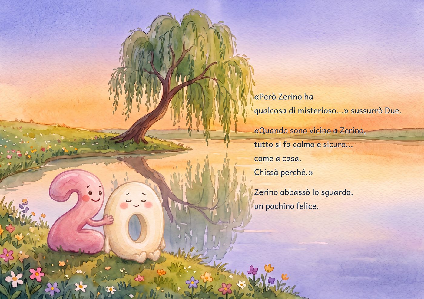 Doppia pagina 3. Luce della sera vicino a uno stagno, sotto un salice. Due appoggia dolcemente la mano su Zerino.