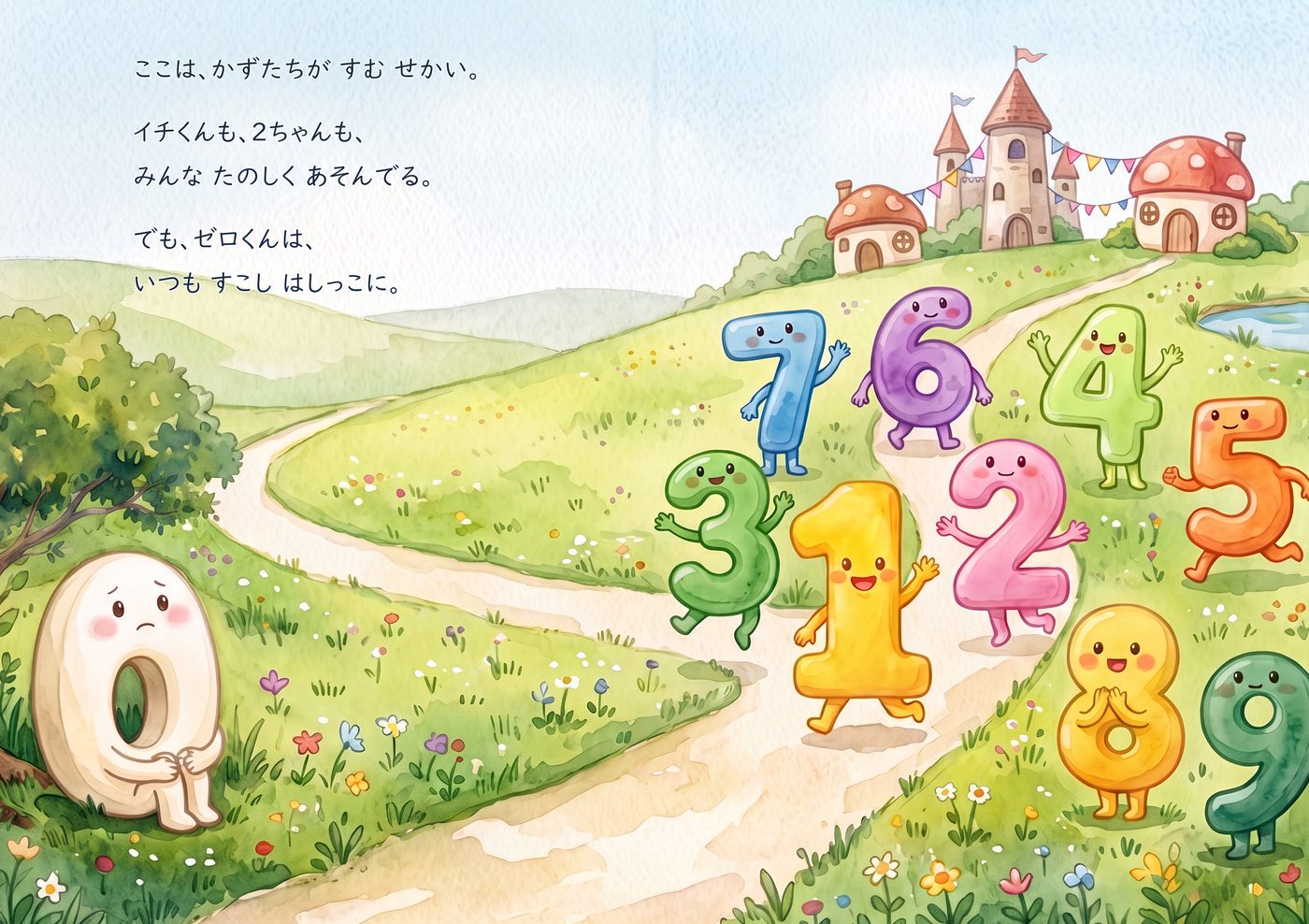 見開き1。丘のむこうに村が見える草原。数字たちが遊んでいて、ゼロくんだけが左のはしに座っている