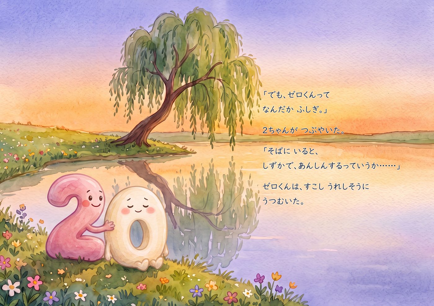 見開き3。夕暮れの池のほとり。柳の木の下で、ピンクの2ちゃんがゼロくんにそっと手をそえている
