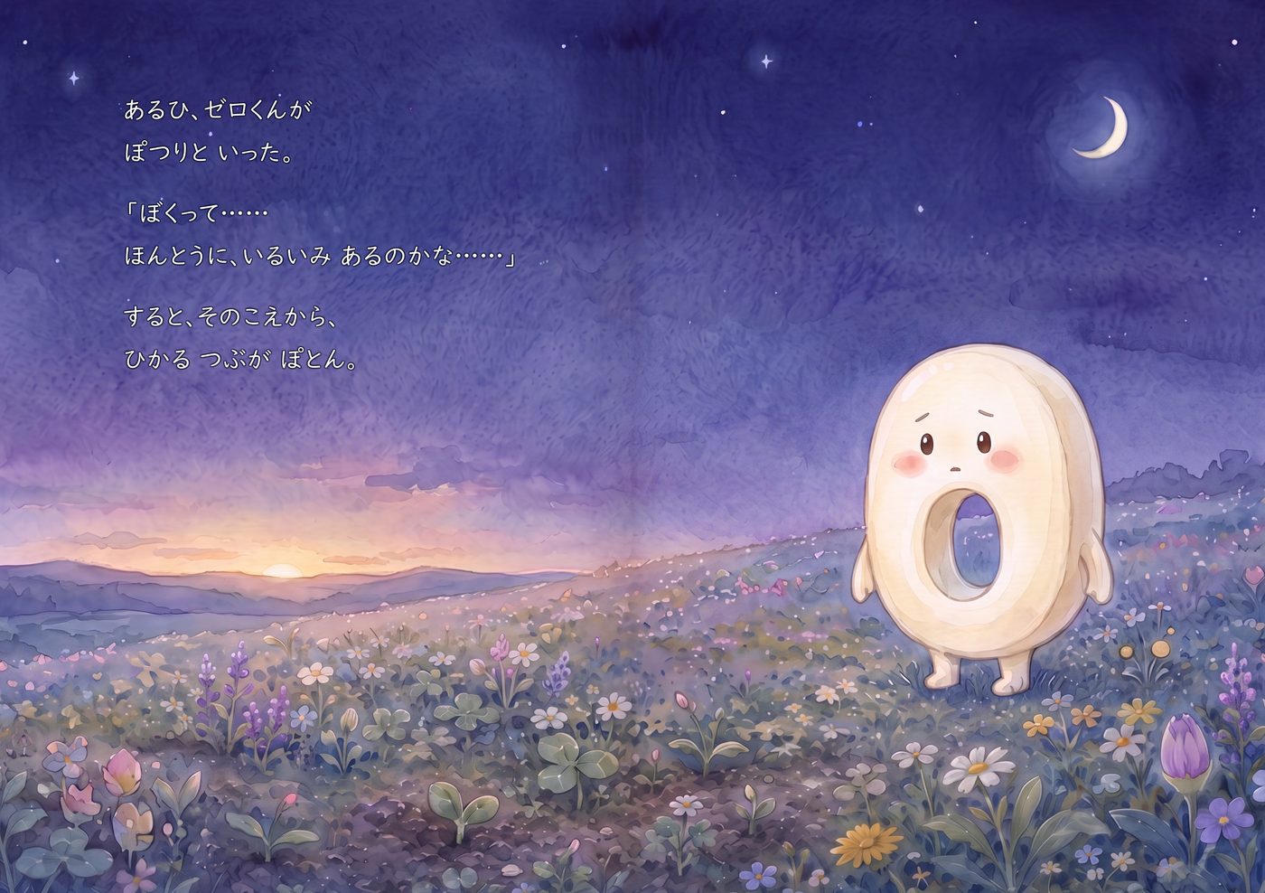 見開き4。星の出はじめた夜の野原に、ゼロくんがひとりで立っている