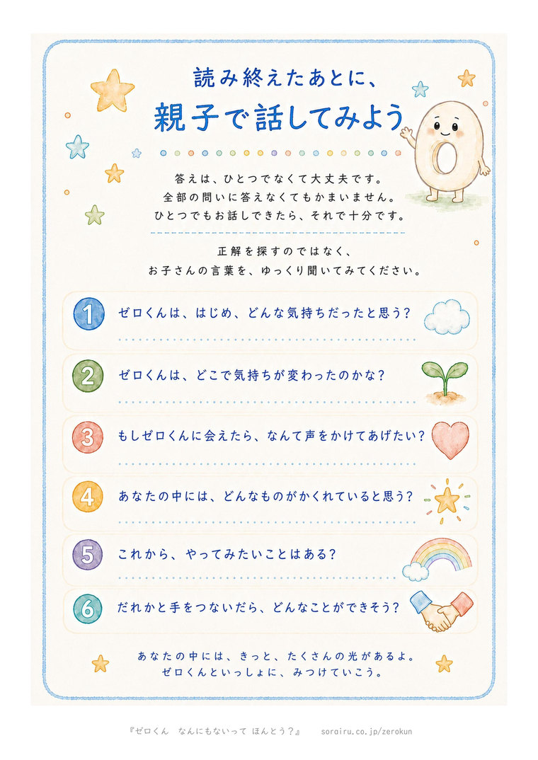 問いかけシート。6つの問いと、答えを書き留める線が並んでいる